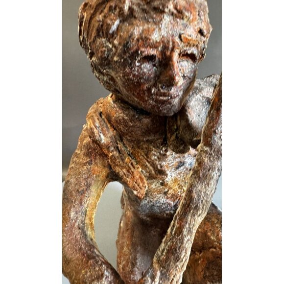 Hand Sculpted Terracotta Violinist With Snake Rustic Folk Art Figure 10 Inch - Picture 3 of 10